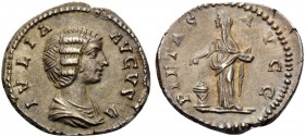 Julia Domna, Augusta, 193-217. Denarius (Silver, 19 mm, 3.46 g, 6 h), Rome, 196-211. IVLIA AVGVSTA Draped bust of Julia Domna to right. Rev. PIETAS AV...