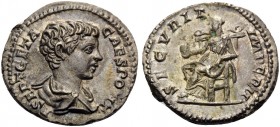 Geta, 209-211. Denarius (Silver, 19 mm, 3.25 g, 6 h), Struck under Septimius Severus, Rome, 200-202. P SEPT GETA CAES PONT Bare headed, draped bust of...