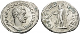 Macrinus, 217-218. Denarius (Silver, 18 mm, 2.98 g, 6 h), Rome. IMP C M OPEL SEV MACRINVS AVG Laureate and cuirassed bust of Macrinus to right, wearin...