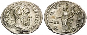Macrinus, 217-218. Denarius (Silver, 20 mm, 2.89 g, 12 h), Rome. IMP C M OPEL SEV MACRINVS AVG Laureate and draped bust of Macrinus to right. Rev. AEQ...