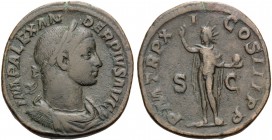 Severus Alexander, 222-235. Sestertius (Orichalcum, 30 mm, 22.60 g, 12 h), Rome, 232. IMP ALEXANDER PIVS AVG Laureate, draped and cuirassed bust of Se...