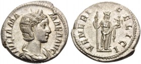Julia Mamaea, Augusta, 222-235. Denarius (Silver, 20 mm, 3.36 g, 7 h), Struck under Severus Alexander, Rome, 224. IVLIA MAMAEA AVG Draped bust of Juli...