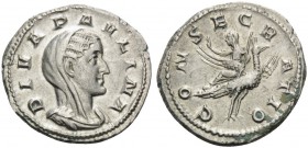 Diva Paulina, died before 235. Denarius (Silver, 19 mm, 3.23 g, 12 h), Rome. DIVA PAVLINA Veiled and draped bust of Diva Paulina to right. Rev. CONSEC...
