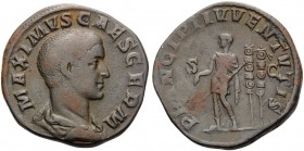 Maximus, Caesar, 235/6-238. Sestertius (Orichalcum, 29 mm, 20.82 g, 12 h), Rome, 236-238. MAXIMVS CAES GERM Bare headed draped bust of Maximus to righ...
