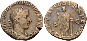 Gordian III, 238-244. Sestertius (Orichalcum, 27 mm, 15.64 g, 7 h), Rome, 240-244. IMP GORDIANVS PIVS FEL AVG Laureate, draped and cuirassed bust of G...