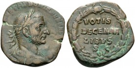 Trebonianus Gallus, 251-253. Sestertius (Orichalcum, 28 mm, 16.45 g, 6 h), Rome, 251. IMP CAES C VIBIVS TREBONIANVS GALLVS AVG Laureate, draped, and c...