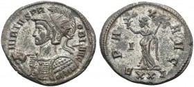 Probus, 276-282. Antoninianus (Billon, 23 mm, 4.17 g, 4 h), Ticinum, 281. VIRTVS PROBI AVG Helmeted and cuirassed bust of Probus to left, holding shie...