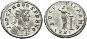 Probus, 276-282. Antoninianus (Billon, 23 mm, 4.68 g, 5 h), Ticinum, 279. IMP PROBVS P F AVG Radiate, draped and cuirassed bust of Probus to right. Re...