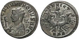 Probus, 276-282. Antoninianus (Billon, 23 mm, 3.91 g, 6 h), Serdica, 277. IMP C M AVR PROBVS AVG Radiate and mantled bust of Probus to left, holding e...