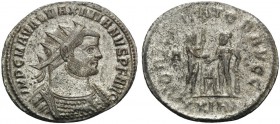 Maximianus, first reign, 286-305. Antoninianus (Billon, 22 mm, 3.56 g, 6 h), Siscia, 287. IMP C M A VAL MAXIMIANVS P F AVG Radiate, draped and cuirass...