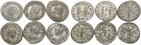 ROMAN. (Billon, 28.39 g). Lot of 6 silvered Antoniniani. 1 Aurelian, 2 Tacitus, 1 Probus, 1 Diocletian and 1 Maximianus Hercules. Average to extremely...