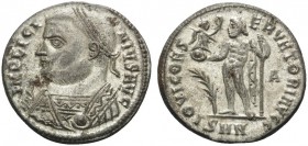 Licinius I, 308-324. Follis (Bronze, 20 mm, 3.72 g, 12 h), Nicomedia, 317-320. IMP LICINIVS AVG Laureate and draped bust of Licinius to left holding m...