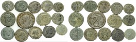 ROMAN. (Bronze, 39.30 g). Lot of 14 fourth century Roman AE's. 1 Divus Maximianus Hercules, 1 Maximinus II, 4 Constantine the Great, 1 Crispus, 1 Cons...