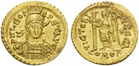 Leo I, 457-474. Solidus (Gold, 21 mm, 4.46 g, 6 h), Constantinople, c. 462 or 466. D N LEO PERPET AVG Helmeted, diademed and cuirassed bust of Leo fac...