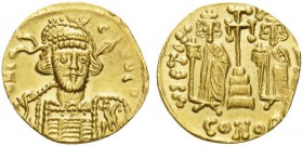 Constantine IV Pogonatus, with Heraclius and Tiberius, 668-685. Solidus (Gold, 18 mm, 4.38 g, 6 h). d N C O NЧS P Helmeted and cuirassed bust of Const...