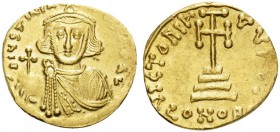 Justinian II, First reign, 685-695. Solidus (Gold, 19 mm, 4.41 g, 7 h), Constantinople 10th officina, 687-692. D IUSTINIA-NUS PE AV Crowned and bearde...