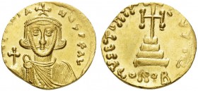 Justinian II, first reign, 685-695. Solidus (Gold, 19 mm, 4.29 g, 7 h), Constantinople 5th officina?, 687-692. D IUSTINIA-NUS PE AV Crowned and bearde...