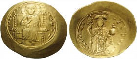 Constantine X Ducas, 1059-1067. Histamenon (Gold, 27 mm, 4.40 g, 6 h), Constantinople. +IhS IXS REX REGNANThIm Christ, nimbate, seated facing on strai...