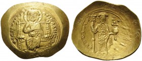 Constantine X Ducas, 1059-1067. Histamenon (Gold, 27 mm, 4.41 g, 6 h), Constantinople. +IhS IXS REX REGNANThIm Christ, nimbate, seated facing on strai...