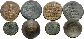 BYZANTINE. (Bronze, 38.24 g). Lot of 4 Byzantine AE's. A 16 Nummi of Justinian I, 2 Anonymous Folles with the bust of Christ and a Trachy of the 13-14...