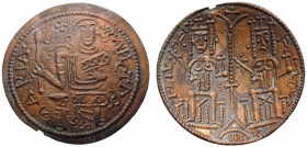 HUNGARY. Béla III, 1172-1196. (Bronze, 25 mm, 2.50 g, 11 h), Rézpénz. SANCTA MARIA The Virgin seated facing, holding scepter and Holy Infant. Rev. REX...