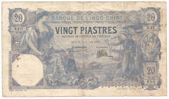French Indochina 20 Piastres 1920
P# 41; # 950; With pinholes; VG