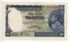 India 10 Rupees 1937 (ND)
P# 19a; # G/74 395586; Pinholes; VF /XF-