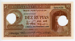 India Portuguese 10 Rupias 1945
P# 36; # 598928; Hole Cancelled; UNC