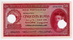 India Portuguese 50 Rupias 1945
P# 38; # 094923; Hole Cancelled; UNC