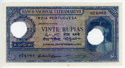 India Portuguese 20 Rupias 1945
P# 37; # 074084; Hole Cancelled; AUNC-UNC