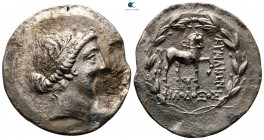 Aiolis. Kyme circa 155-143 BC. Philodoxos, magistrate. Tetradrachm AR. Stephanophoric type