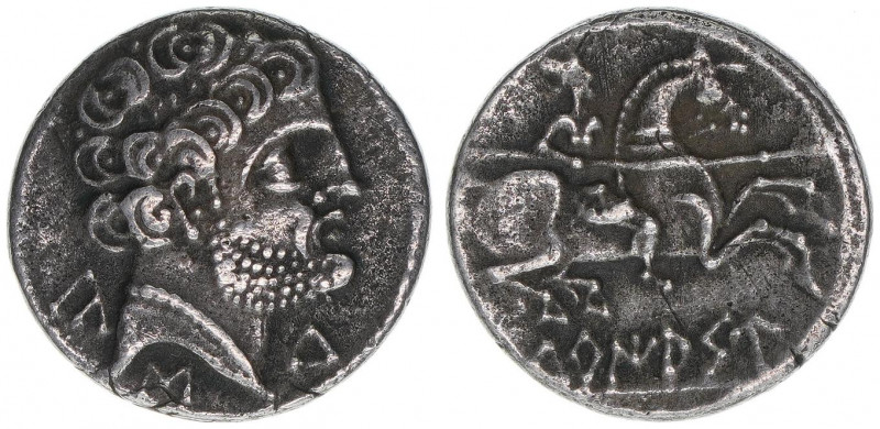 Turiaso
Kelten Spanien. Denar, 2.Jhd.BC. Bärtiger Kopf - Reiter mit eingelegter ...