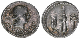 C. Norbanus
Römisches Reich - Republik. Denar, 83 BC. Av. Kopf der Venus nach rechts Rv. Fasces zwischen Ähre und Caduceus
4,02g
Syd.739
ss+