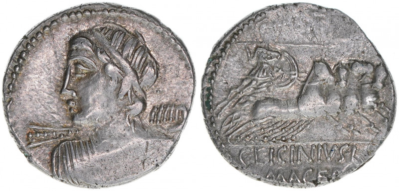 C.Licinius L.F. Macer
Römisches Reich - Republik. Denar, 84 BC. Av. Apollobüste ...