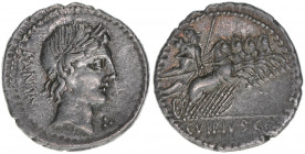 C.Vibius Pansa
Römisches Reich - Republik. Denar, 90 BC. Av. Kopf des Apollo nach rechts Rv. Minerva in Quadriga
3,79g
Sear 242
vz-