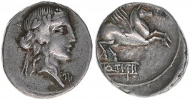 Q.Titius
Römisches Reich - Republik. Denar, 90 BC. Av. Kopf des Liber nach rechts Rv. Pegasus nach rechts
4,03g
Sear 239
ss