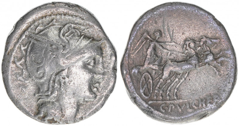 C. Pulcherius
Römisches Reich - Republik. Denar, 110/109 BC. Av. Romakopf nach r...