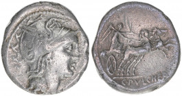 C. Pulcherius
Römisches Reich - Republik. Denar, 110/109 BC. Av. Romakopf nach rechts Rv. Victoria in Biga
3,65g
Cr. 300/1
ss
