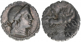 C. Naevius Balbus
Römisches Reich - Republik. Denar Serratus, 79 BC. Av. Kopf der Venus nach rechts Rv. Victoria inTriga
3,83g
Sear 309
ss+