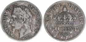 Napoleon III.
Frankreich. 50 Centimes, 1865. 2,48g
Kahnt/Schön 110
ss-