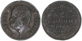 Humbert I. 1878-1900
Italien Königreich. 2 Centesimi, 1900 R. 2,00g
Kahnt/Schön 21
ss-