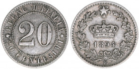 Humbert I. 1878-1900
Italien Königreich. 20 Centesimi, 1894 R. 4,00g
Kahnt/Schön 24
ss