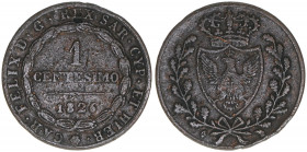Karl Felix 1821-1831
Italien, Sardinien. 1 Centesimo, 1826. 1,90g
Khant/Schön 15
ss