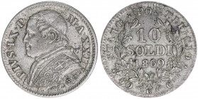 Papst Pius IX.
Kirchenstaat. 10 Soldi, 1869. 2,47g
Pagani 582
ss