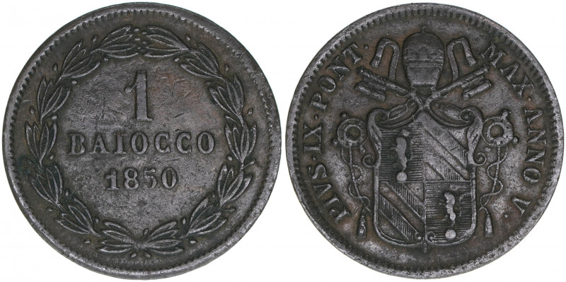 Papst Pius IX.
Kirchenstaat. 1 Baiocco, 1850. 10,16g
Khant/Schön 66
ss