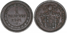 Papst Pius IX.
Kirchenstaat. 1/2 Baiocco, 1851 B. 4,84g
Khant/Schön 64
ss+