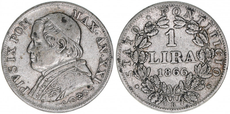 Papst Pius IX.
Kirchenstaat. 1 Lira, 1866. 4,94g
Khant/Schön 86
ss