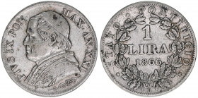 Papst Pius IX.
Kirchenstaat. 1 Lira, 1866. 4,94g
Khant/Schön 86
ss