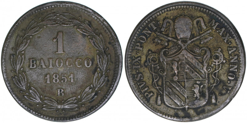 Papst Pius IX.
Kirchenstaat. 1 Baiocco, 1851 B. 10,04g
Khant/Schön 66
Tusche Inv...