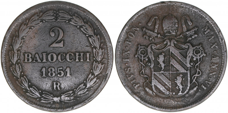 Papst Pius IX.
Kirchenstaat. 2 Baiocci, 1851 R. 19,57g
Khant/Schön 67
ss